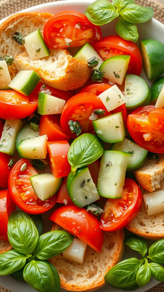 A vibrant Panzanella salad featuring chunks of tomato, cucumber, fresh basil, and pieces of bread.