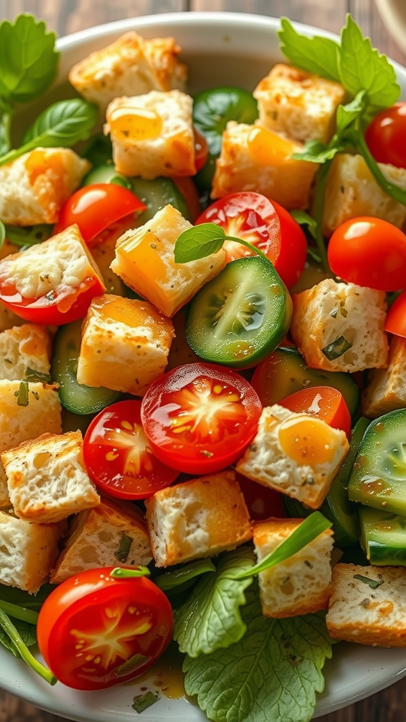 A colorful panzanella salad with tomatoes, cucumbers, and bread cubes topped with fresh herbs.