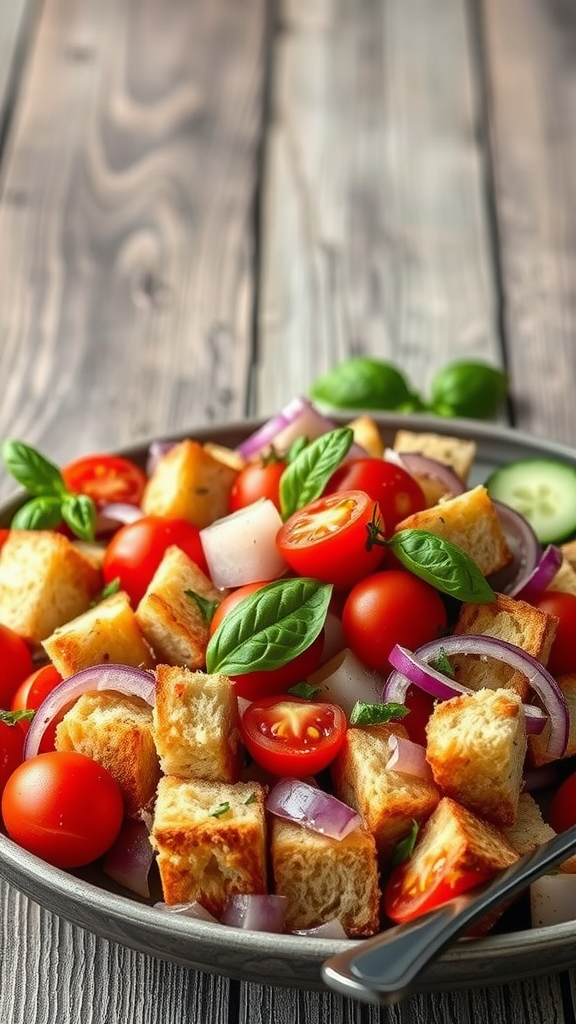 A colorful Panzanella Salad with bread cubes, tomatoes, onions, and basil on a rustic wooden table.