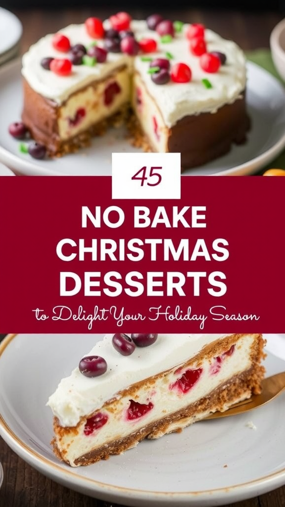 A slice of a no-bake Christmas dessert with cherries and cream topping, on a plate.