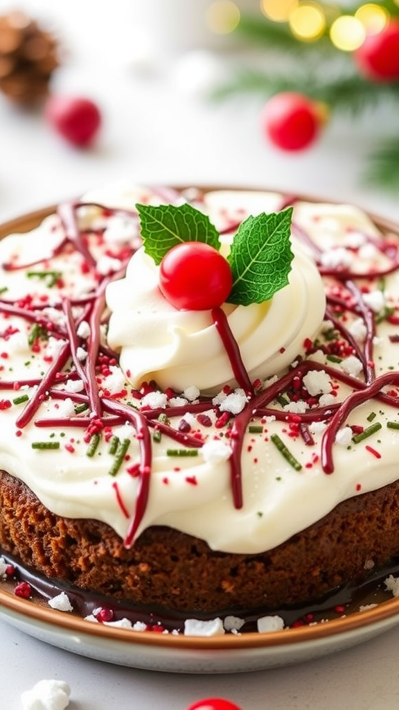 A decorated Christmas cake with a creamy white frosting, festive sprinkles, and a red berry on top.
