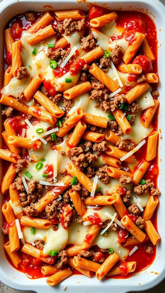 A delicious pasta bake with tubular pasta, ground meat, marinara sauce, and melted cheese.