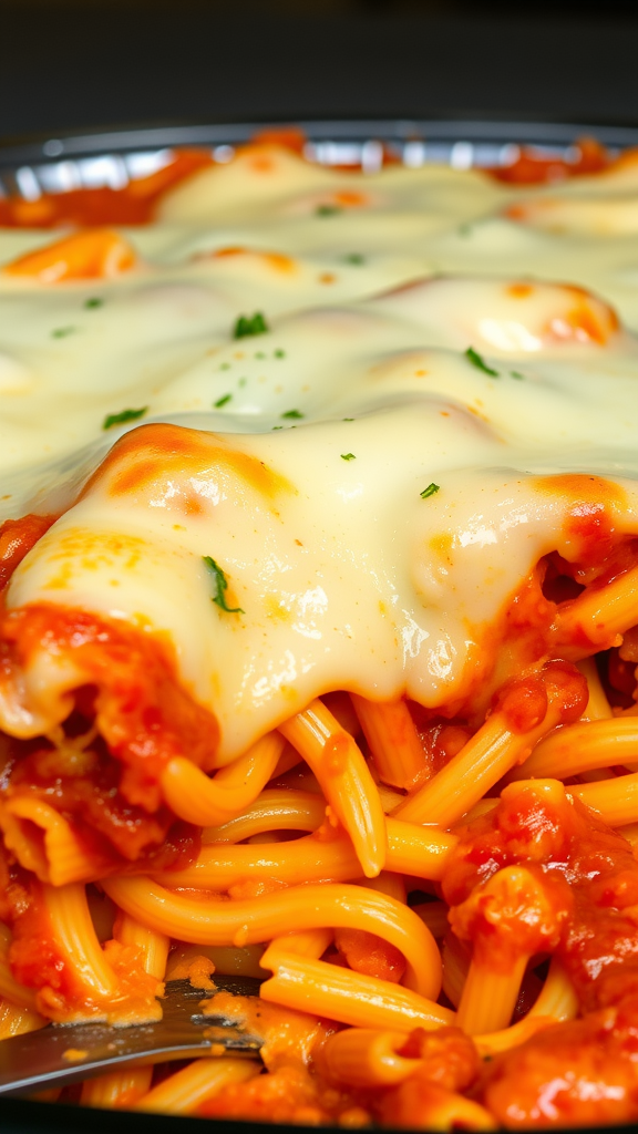 A close-up of a cheesy pasta bake with tomato sauce and parsley
