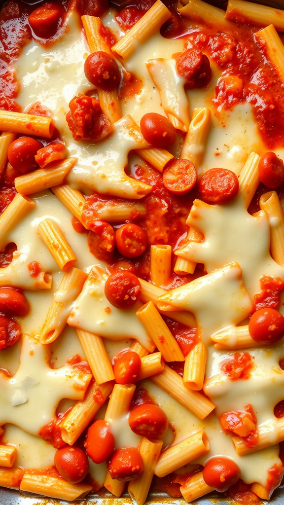 A close-up of a cheesy pasta bake with tomatoes and pasta in a red sauce.