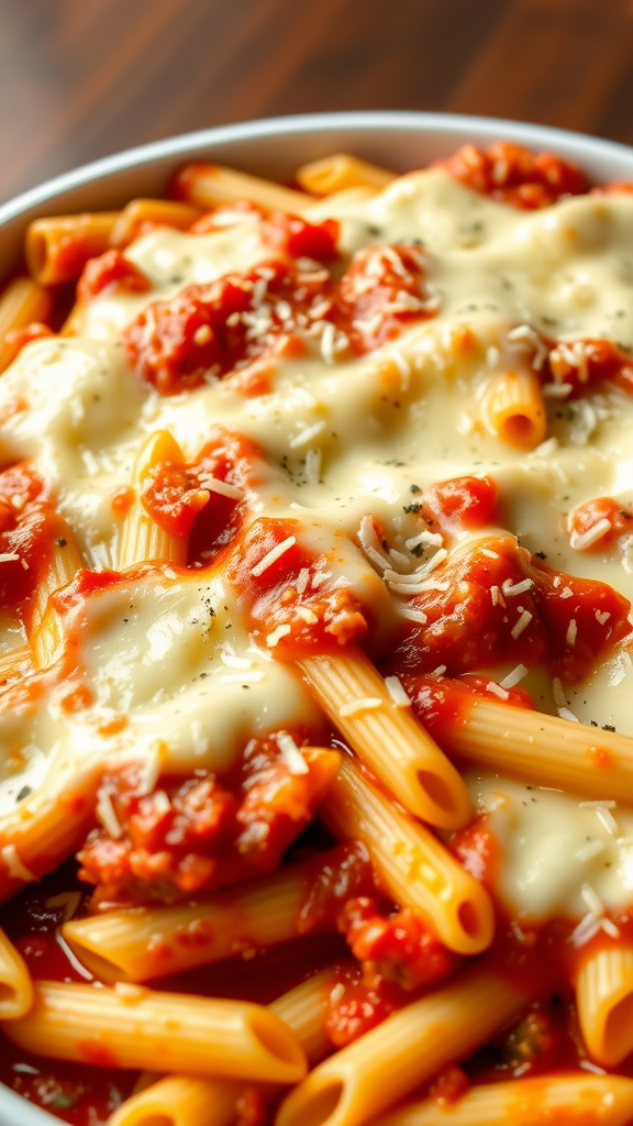 A delicious pasta bake topped with cheese and tomato sauce.
