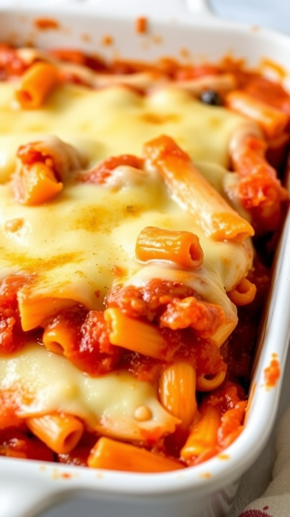 A delicious pasta bake with melted cheese and tomato sauce in a baking dish