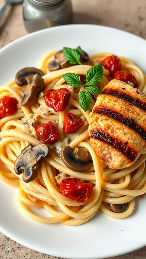 A plate of Pasta Milano featuring spaghetti, grilled chicken, cherry tomatoes, and mushrooms garnished with basil.