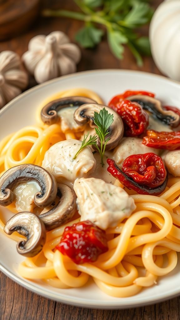 A plate of Pasta Milano with fettuccine, chicken, mushrooms, and sun-dried tomatoes.