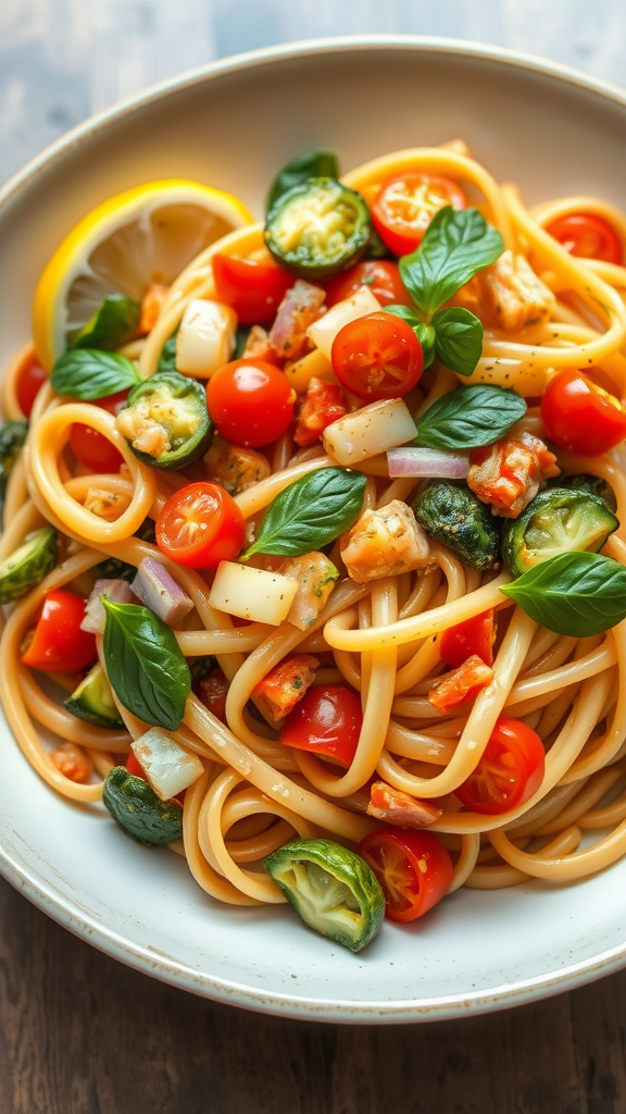 A bowl of pasta primavera with cherry tomatoes, green bell peppers, and fresh basil.