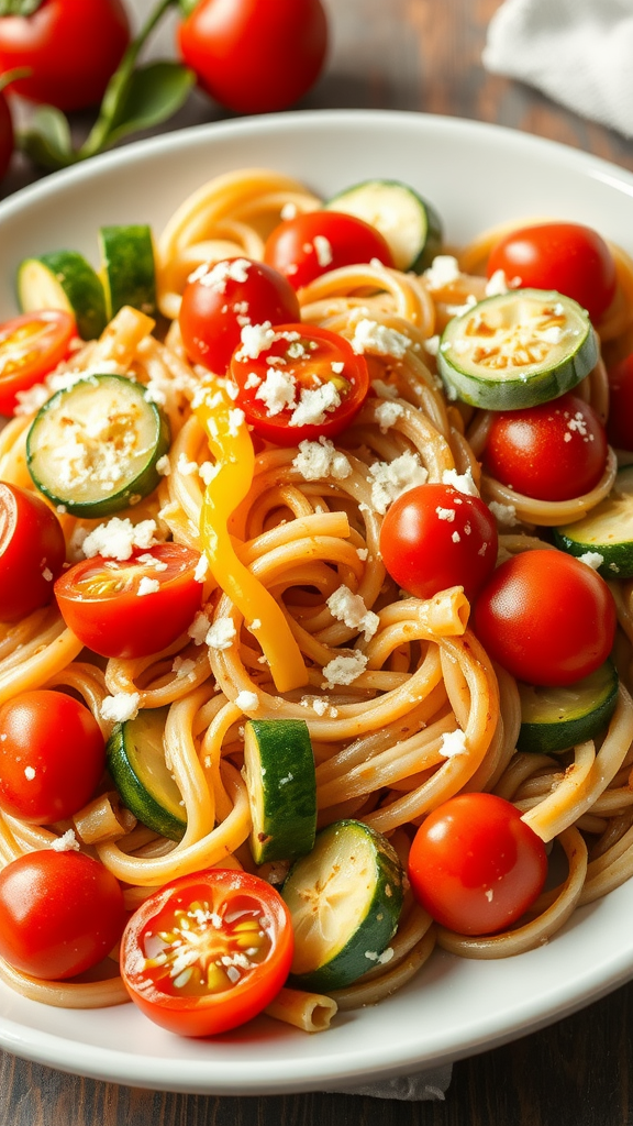 A bowl of Pasta Primavera featuring spaghetti, cherry tomatoes, zucchini, and bell peppers topped with feta cheese.