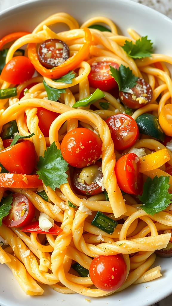 A colorful plate of Pasta Primavera with cherry tomatoes, bell peppers, and herbs.