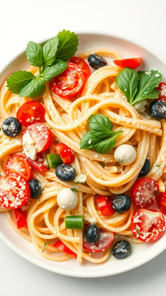 A bowl of Pasta Primavera with spaghetti, cherry tomatoes, black olives, green peppers, and fresh basil.