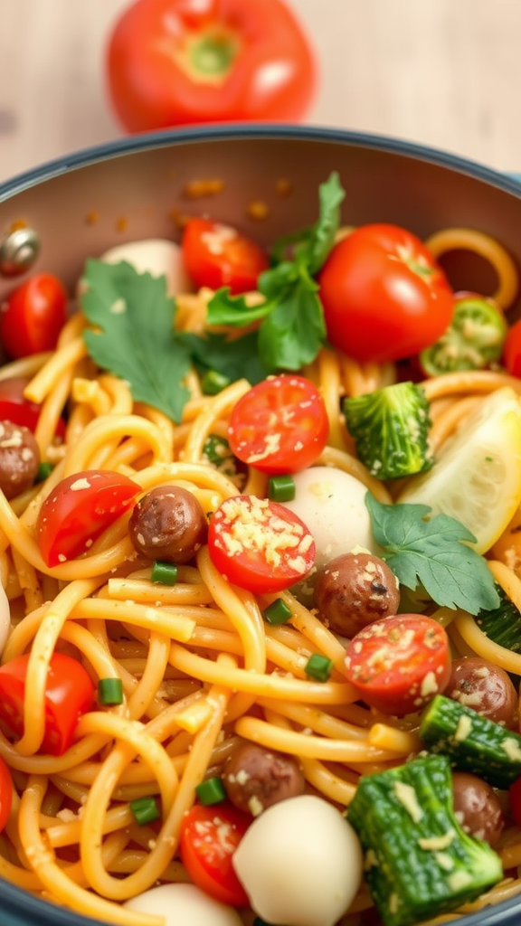 A pot of Pasta Primavera with colorful vegetables like cherry tomatoes and zucchini.
