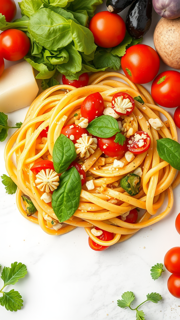 A beautifully arranged plate of Pasta Primavera featuring pasta, cherry tomatoes, basil leaves, and various fresh vegetables.