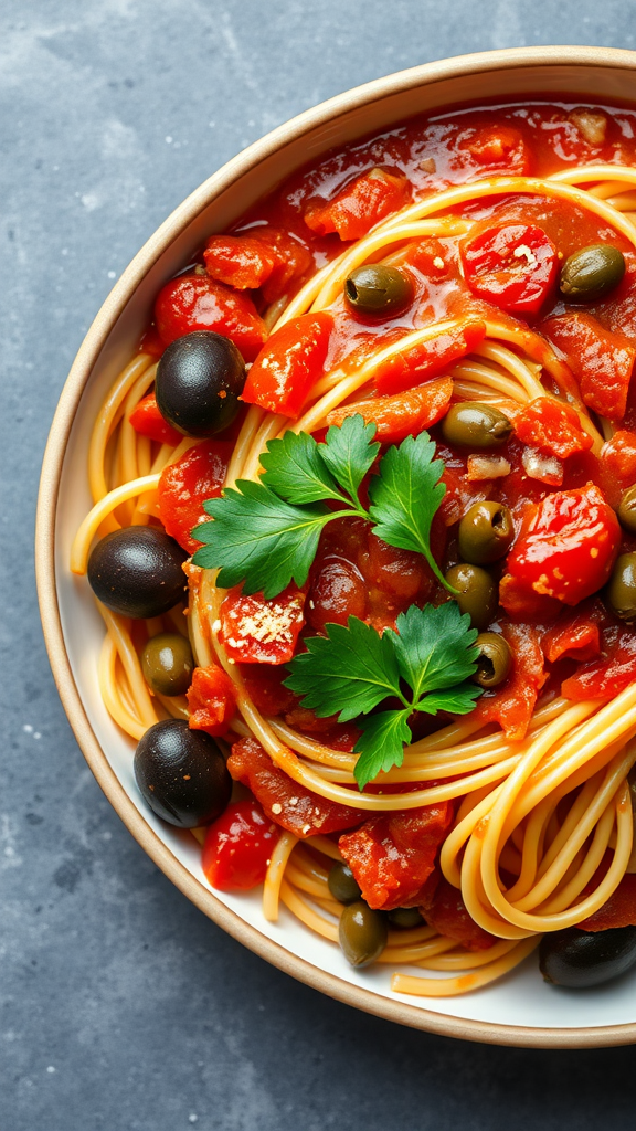 A bowl of Pasta Puttanesca with spaghetti, tomatoes, olives, and parsley