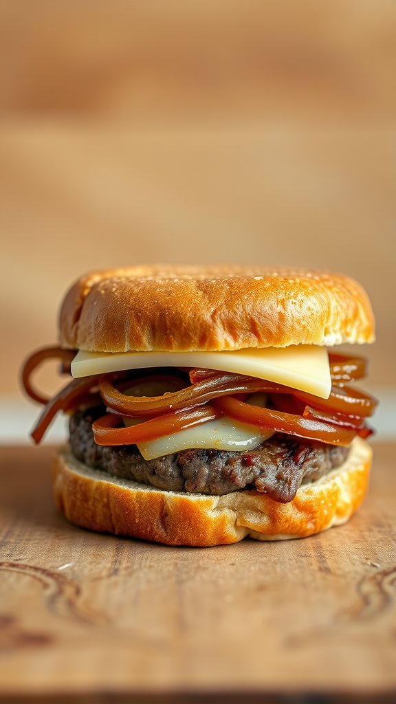 A patty melt sandwich with beef patty, cheese, and sautéed onions on toasted bread