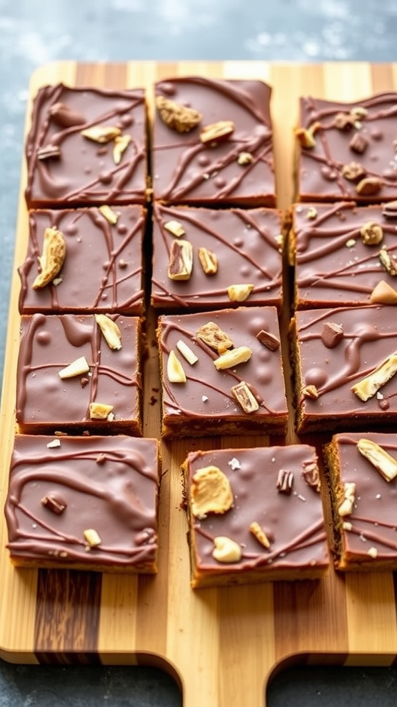 Delicious peanut butter chocolate bars cut into squares, topped with chocolate drizzle and chopped nuts on a wooden board.