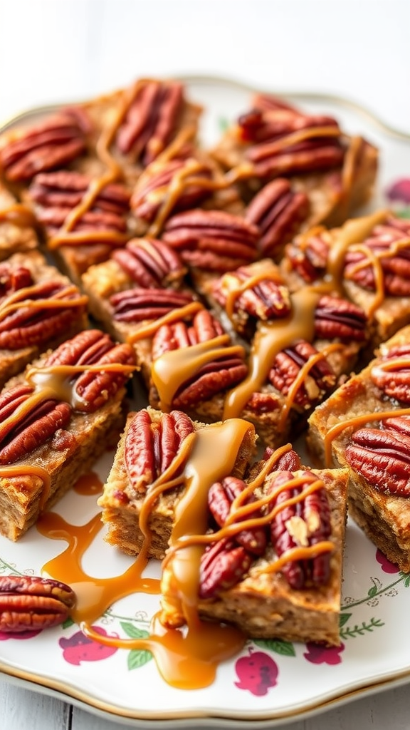 Delicious pecan pie bars topped with pecans and caramel drizzle on a decorative plate.