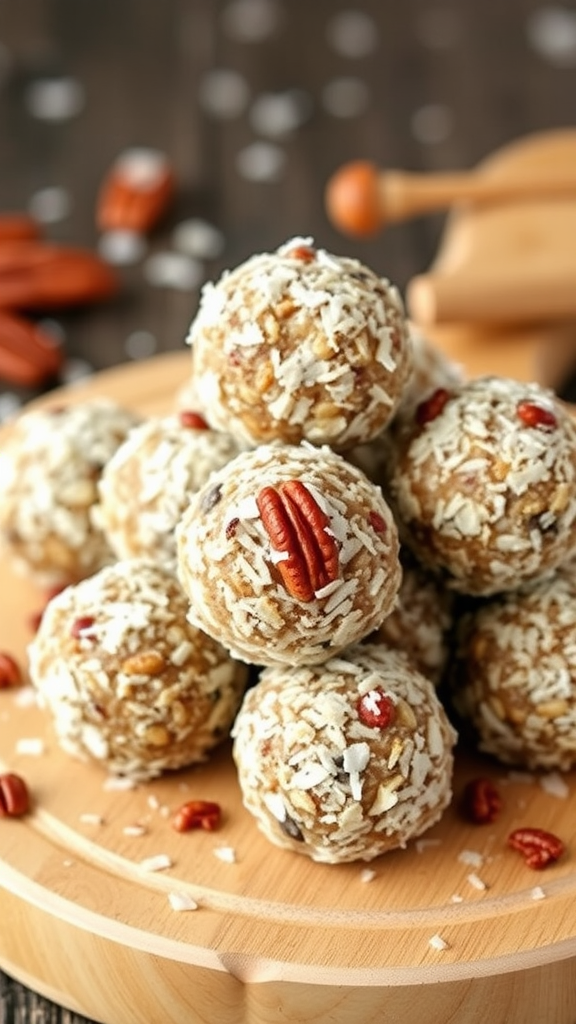 A wooden platter with pecan pie energy bites, coated in coconut and topped with pecans