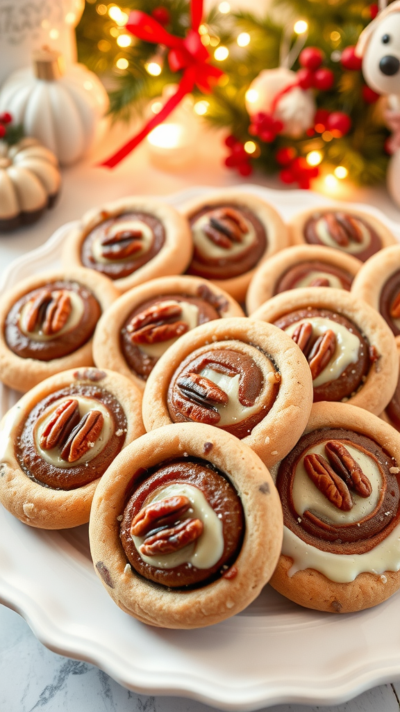 A plate of pecan pie swirls decorated with pecans on top, set against festive decorations.