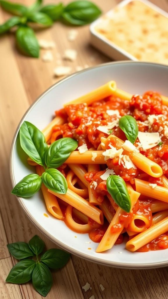 A plate of Penne alla Vodka with fresh basil leaves on a wooden table.