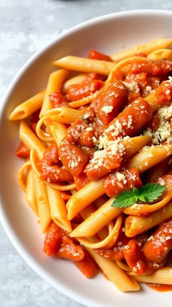 A plate of Penne alla Vodka with tomato sauce and cheese