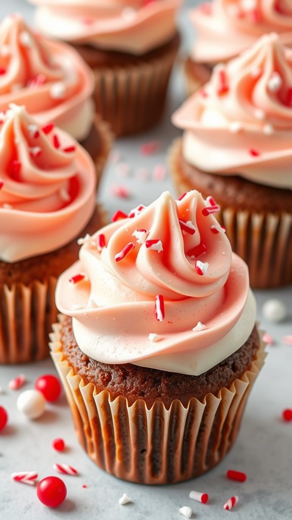 Peppermint mocha cupcakes with pink and white frosting, decorated with crushed peppermint candies.