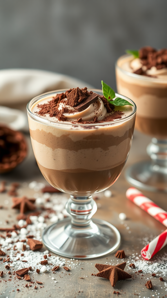 A close view of two elegant glasses filled with peppermint mocha mousse, topped with whipped cream and chocolate shavings, surrounded by festive decorations.