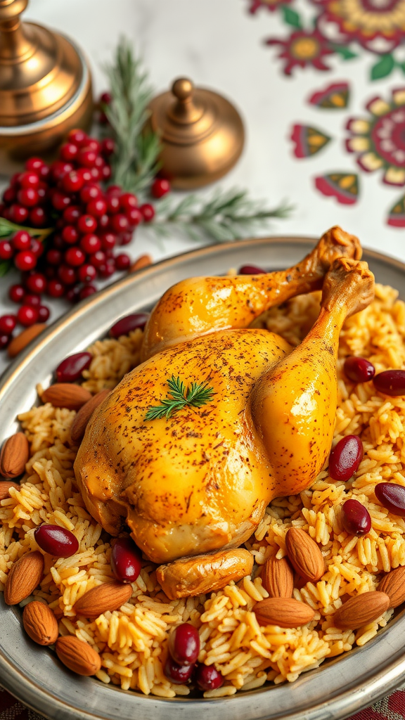 A plate of Persian Saffron Chicken on a bed of rice with almonds and beans.