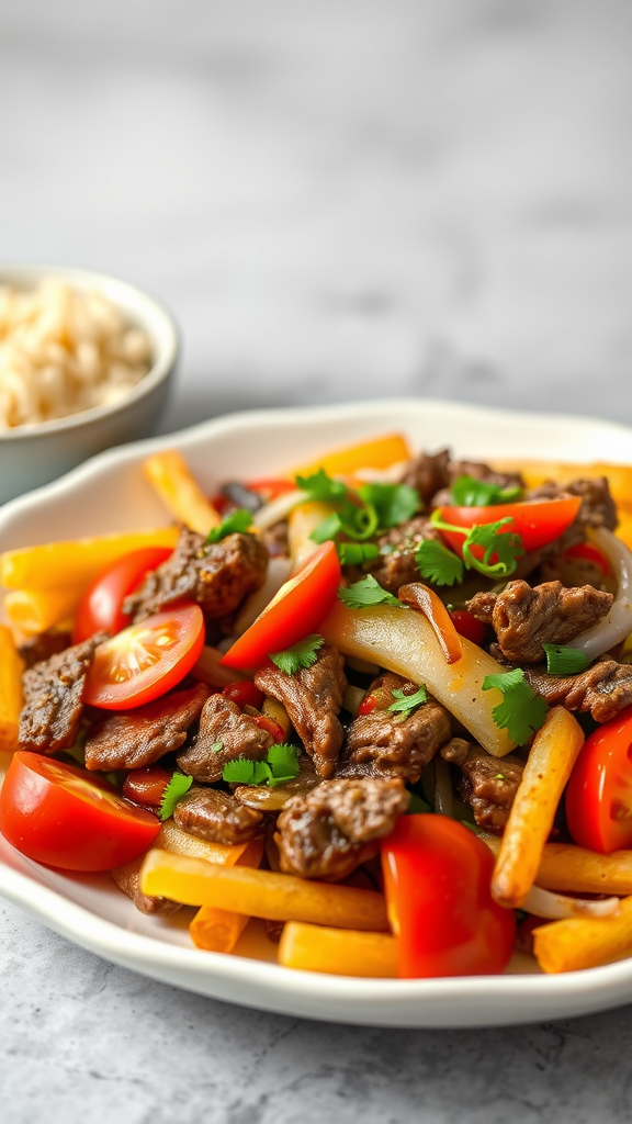 A plate of Peruvian Lomo Saltado with beef, tomatoes, and fries
