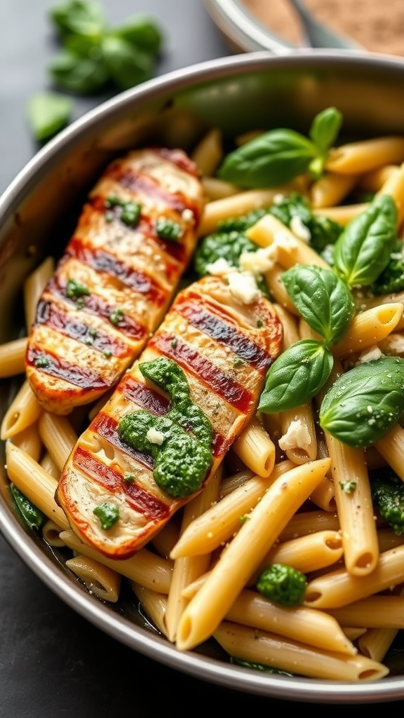 A plate of pesto chicken penne with grilled chicken and fresh basil.