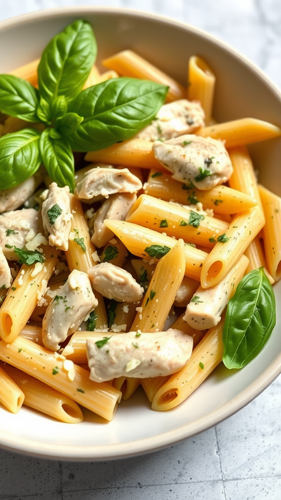 A bowl of Pesto Chicken Penne with fresh basil leaves on top