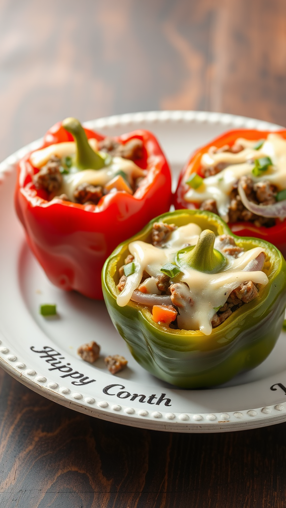 Colorful bell peppers stuffed with ground beef and cheese on a plate.