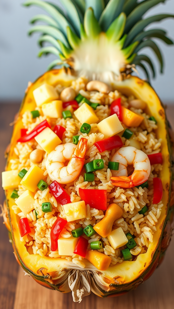 A whole pineapple cut in half filled with fried rice, shrimp, peppers, and nuts.