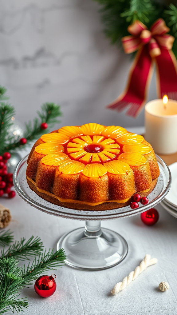 Beautifully presented pineapple upside down cake on a glass stand, decorated with festive elements.