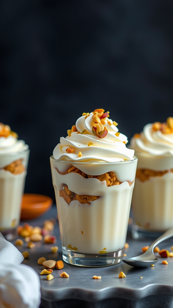 Three pistachio pudding parfaits topped with whipped cream and nuts in clear glasses.