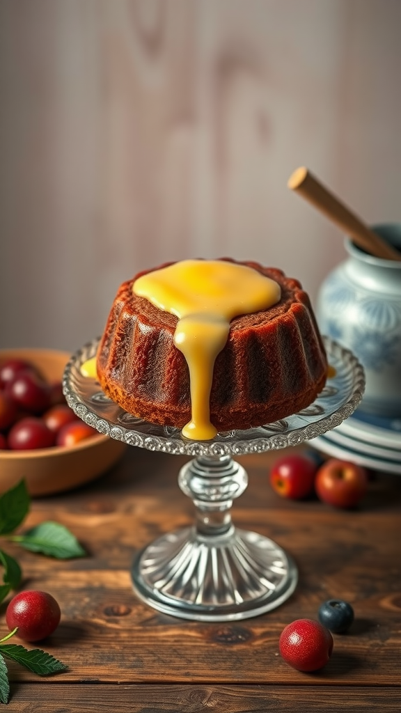 A plum pudding cake topped with a golden sauce on a glass cake stand, surrounded by fresh plums.