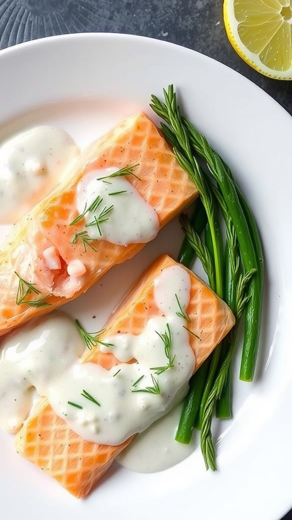 Poached salmon with sauce and asparagus on a plate