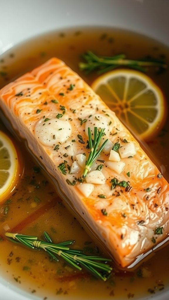 A beautifully poached salmon fillet garnished with herbs and lemon in a clear broth.
