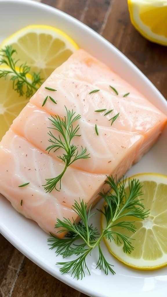 Poached salmon fillet with lemon slices and herbs