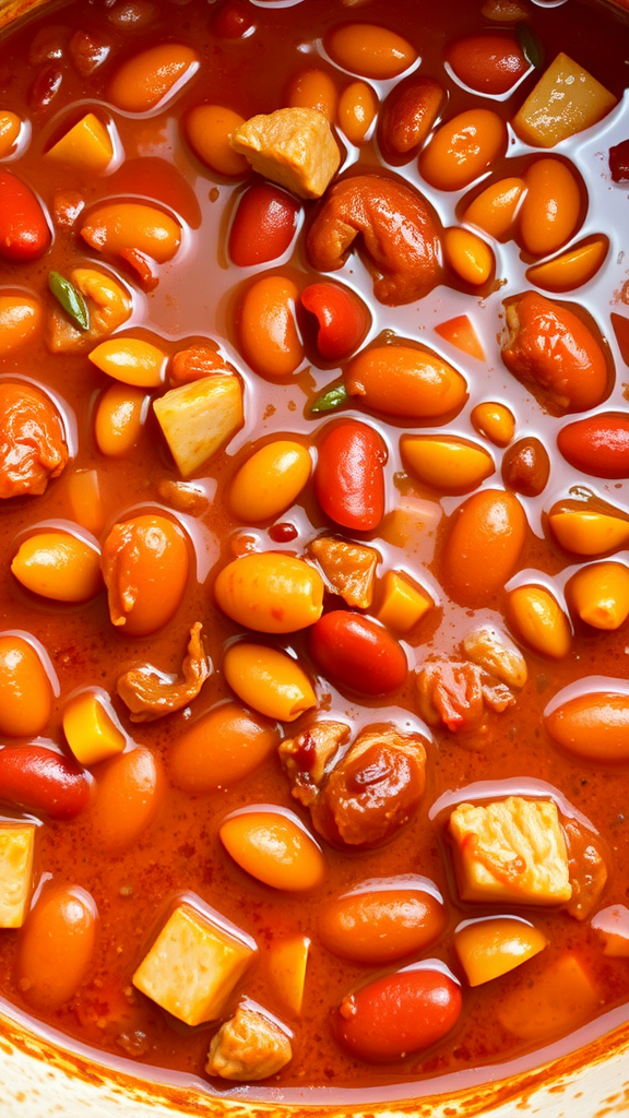 A close-up of a hearty pork and beans dish with various beans and pork pieces in a rich sauce.