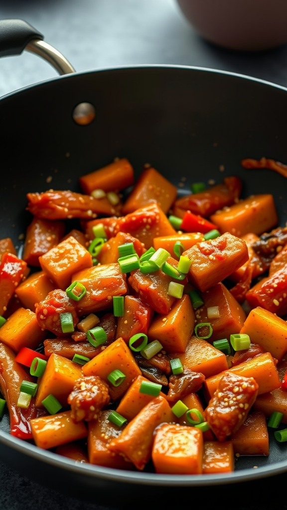 A colorful pork and kimchi stir fry in a black skillet topped with green onions.