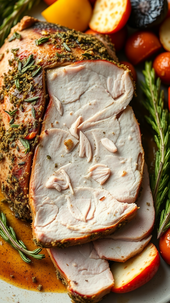 A sliced pork loin roast with herbs and colorful vegetables on a plate.