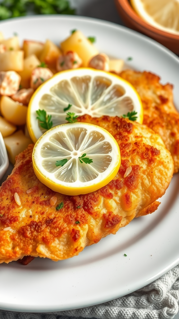 Crispy pork schnitzel garnished with lemon slices and served with potato salad