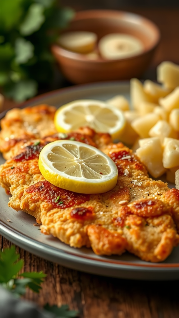 A plate of crispy Pork Schnitzel topped with lemon slices, served with potatoes.