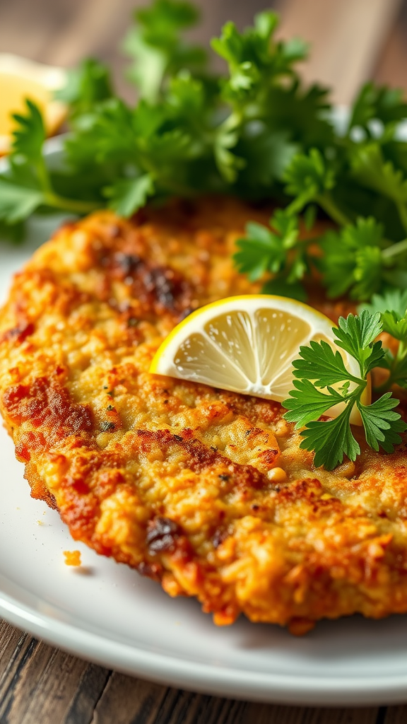 A plate of crispy pork schnitzel garnished with lemon and parsley.