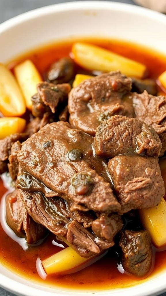 A delicious pot roast served with potatoes in a rich sauce