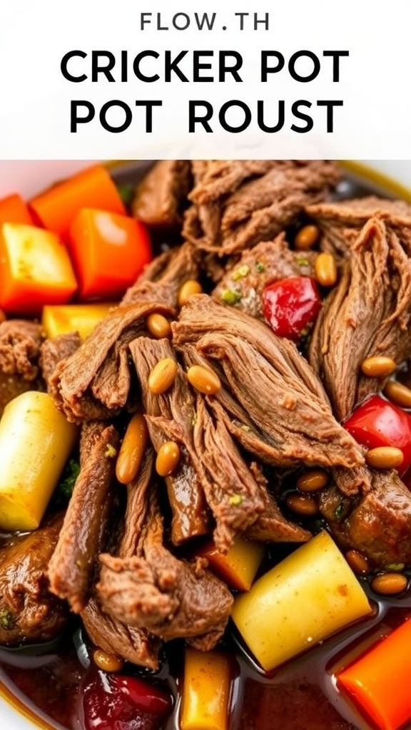 A close-up view of a rich and flavorful pot roast with vegetables in a bowl, showcasing the tender meat and colorful ingredients.