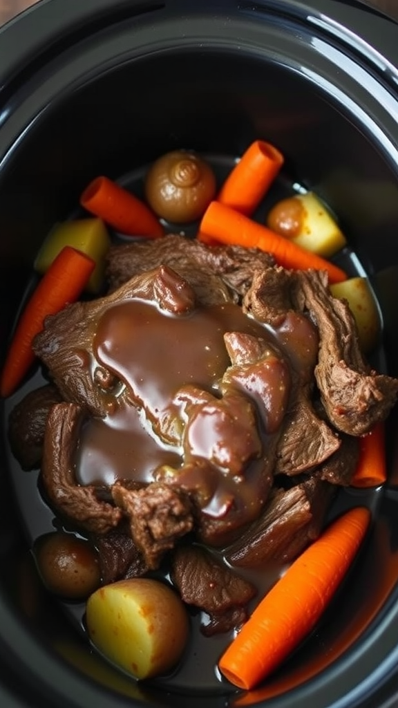 A pot roast with beef, carrots, potatoes, and gravy in a crockpot.