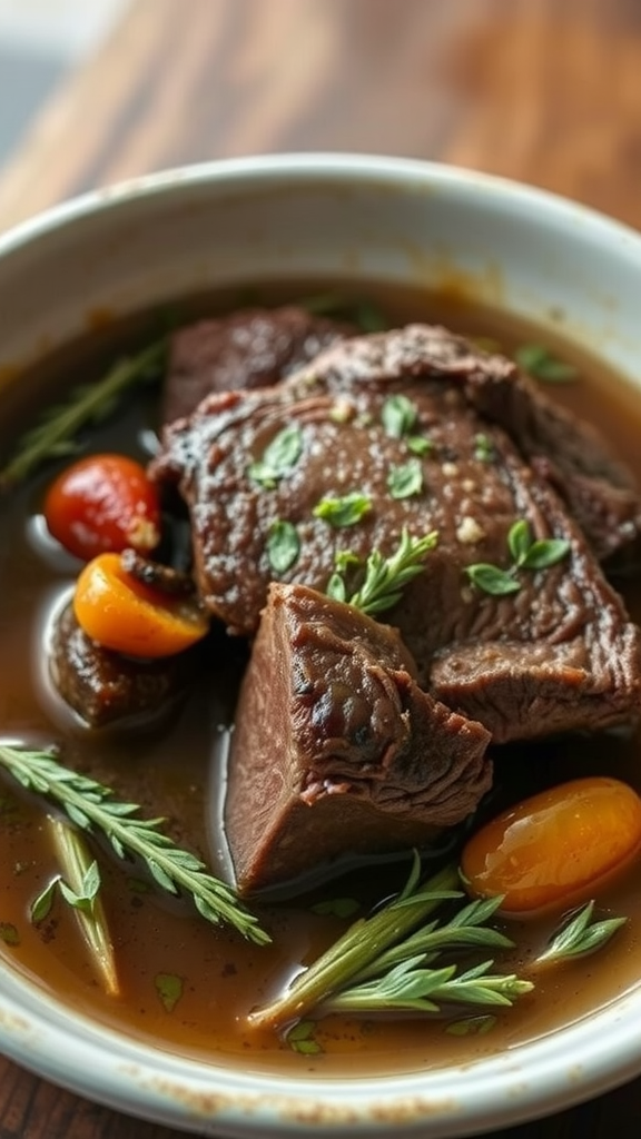 A delicious pot roast with tender beef, cherry tomatoes, and herbs in a rich broth